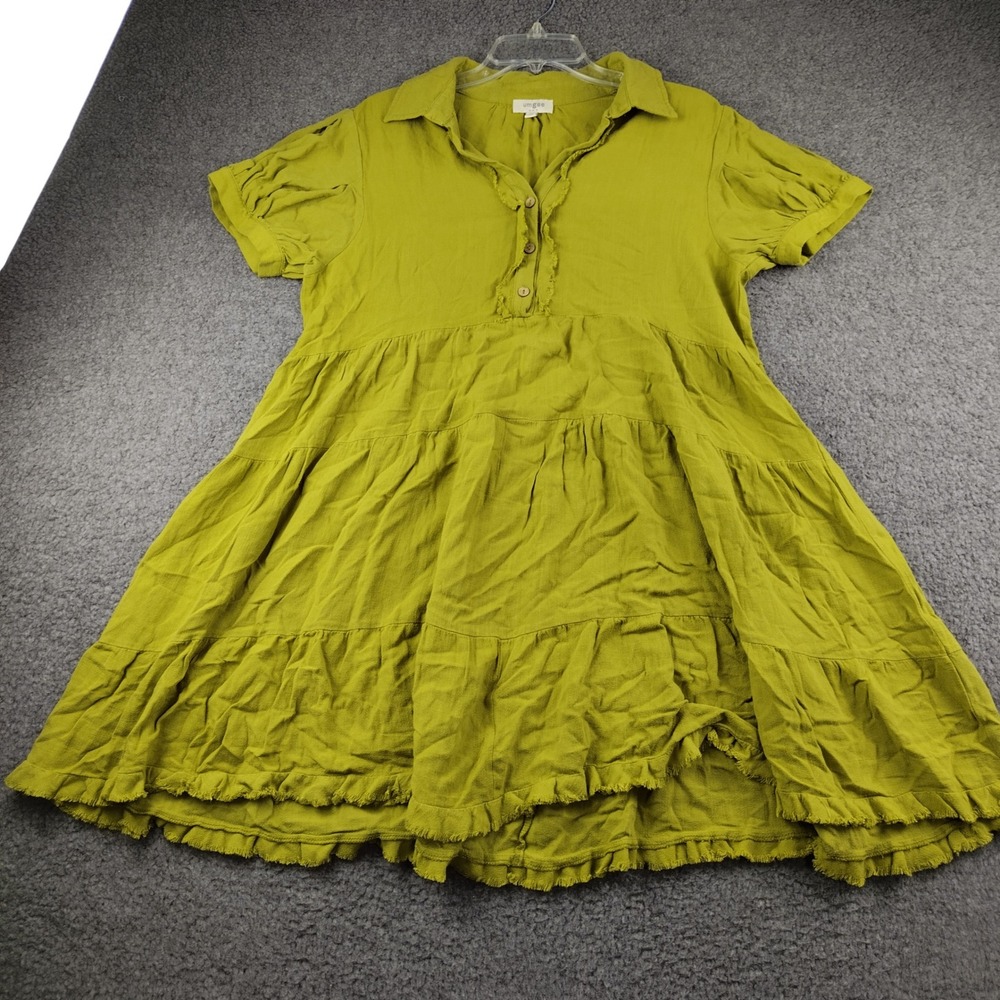 Umgee Dress Linen Blend Sz Medium Green Tiered Short Sleeve Peasant Milkmaid EUC